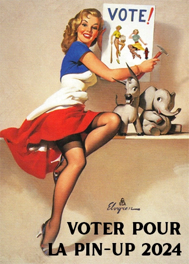 Pin up des anéée 50 en robe bleu blanc rouge qui pose a coté d'une affichage vote